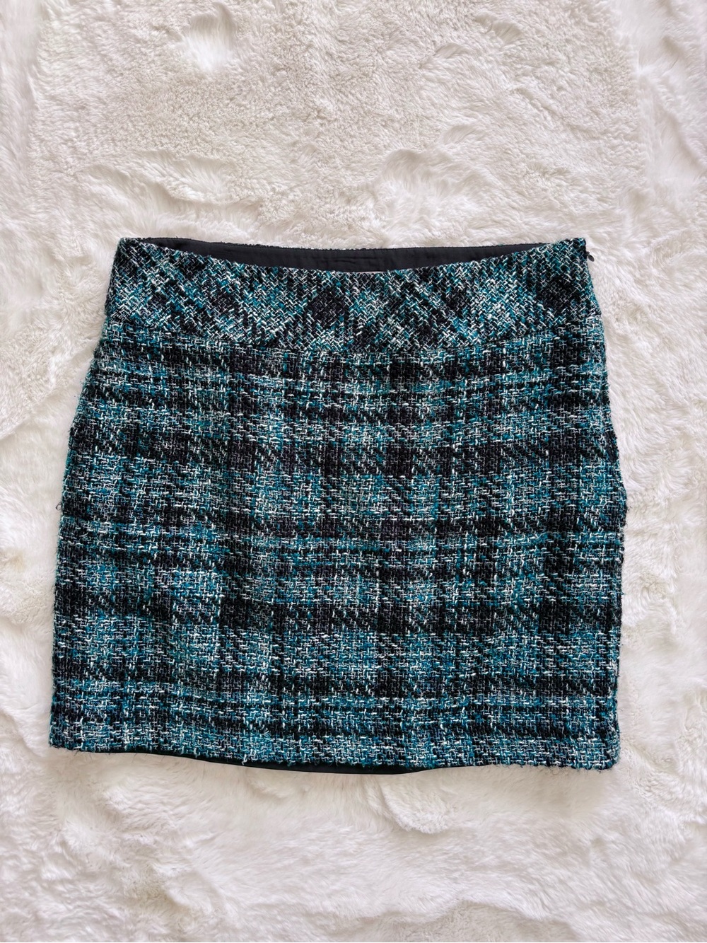 LOFT Tweed Blue and Black Plaid Mini Skirt